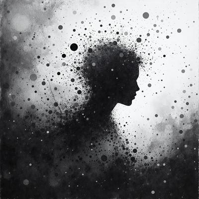 The primary subject of the image is a woman's head, which is the main focus of the scene. The setting is a black and white background, giving the image a classic and timeless feel. The visual style is a combination of a photo and a drawing, creating a unique and artistic representation of the woman's head. The colors and mood of the image are predominantly black and white, with a touch of gray, giving it a moody and dramatic atmosphere.